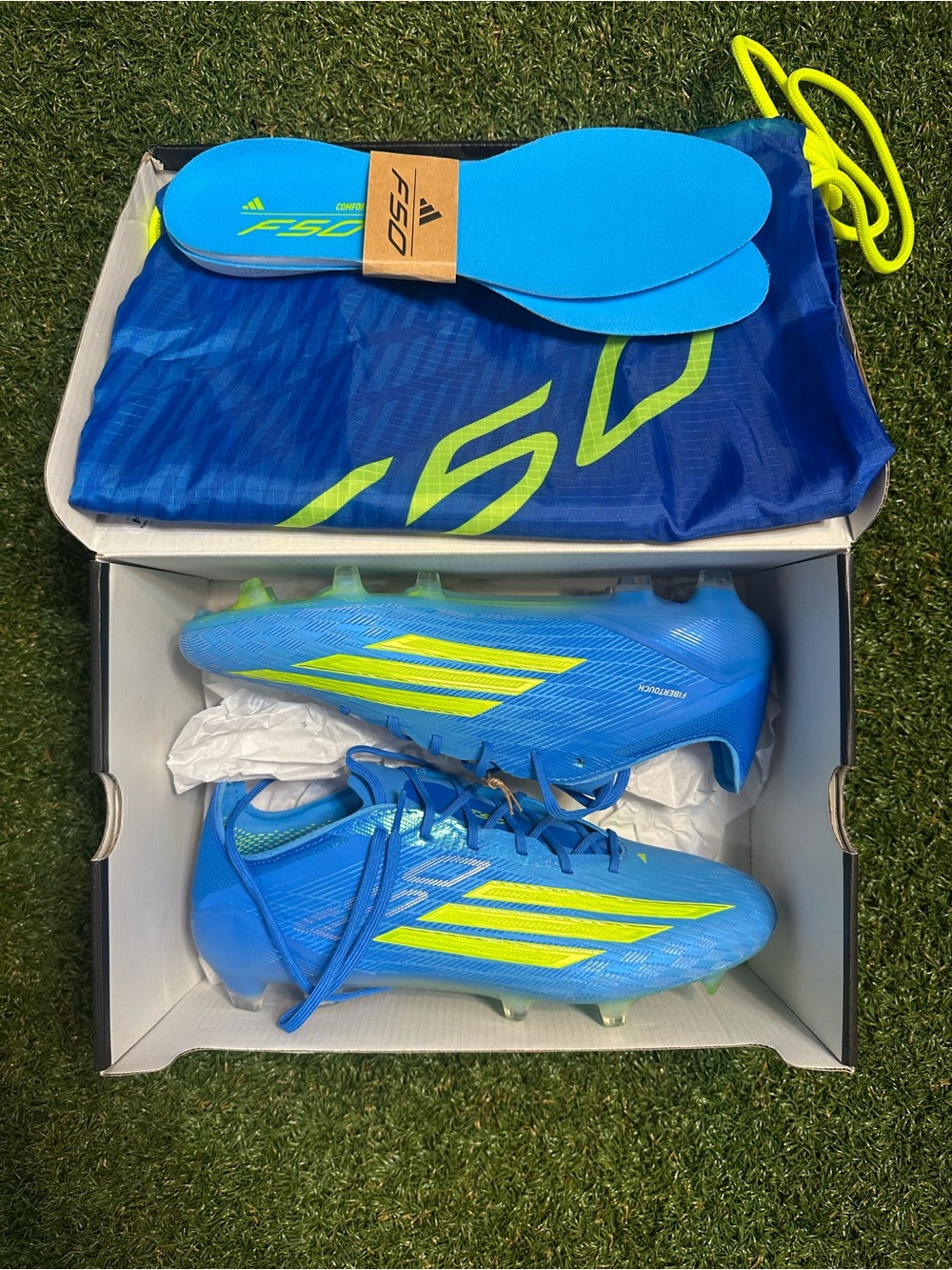 adidas Men’s F50 ELITE FG Soccer Cleats — Bright Blue with Neon Yellow Accents